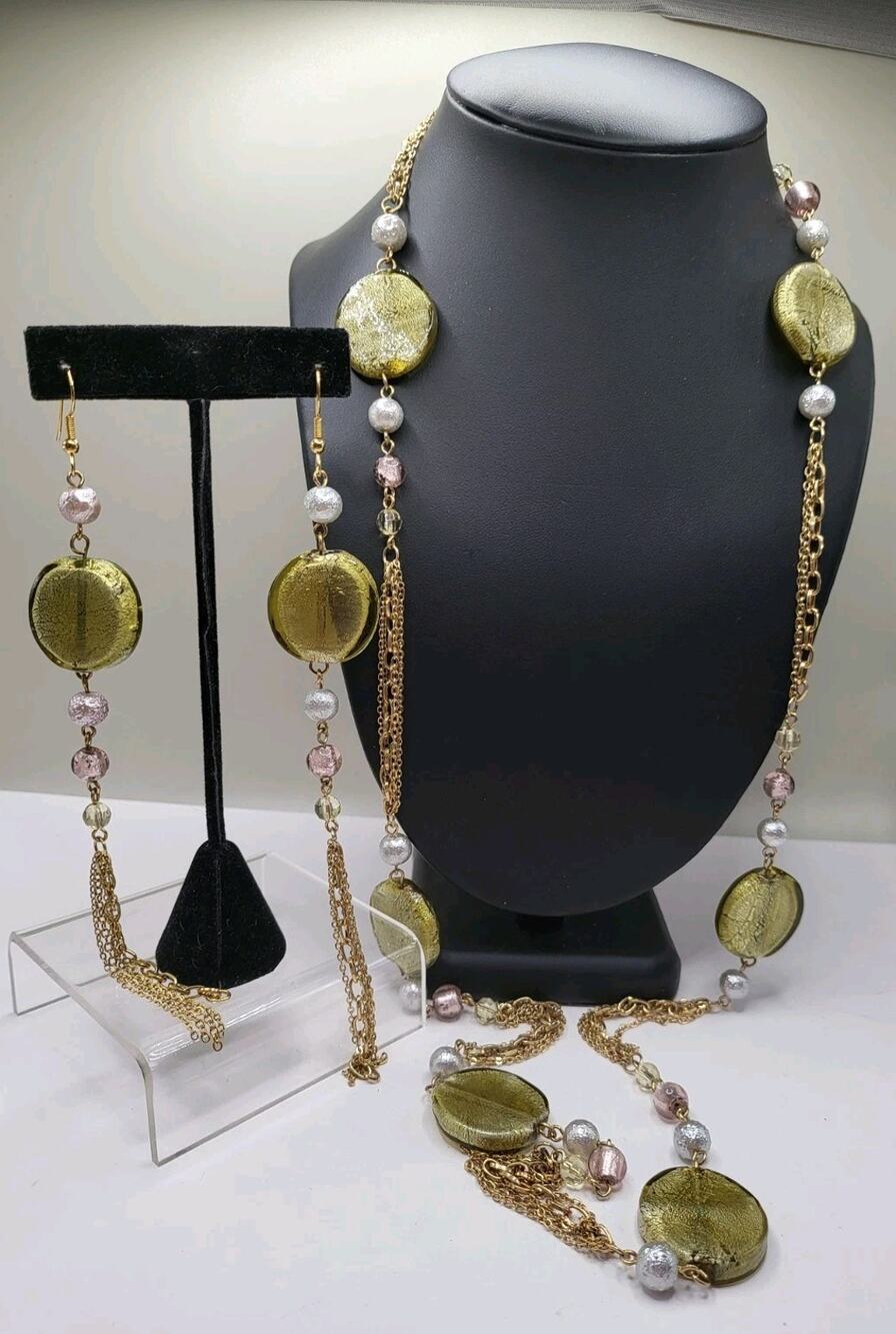 Vintage Gold Tone Murano Style Glass Bead Necklace & Earring Set Signed LD Crown